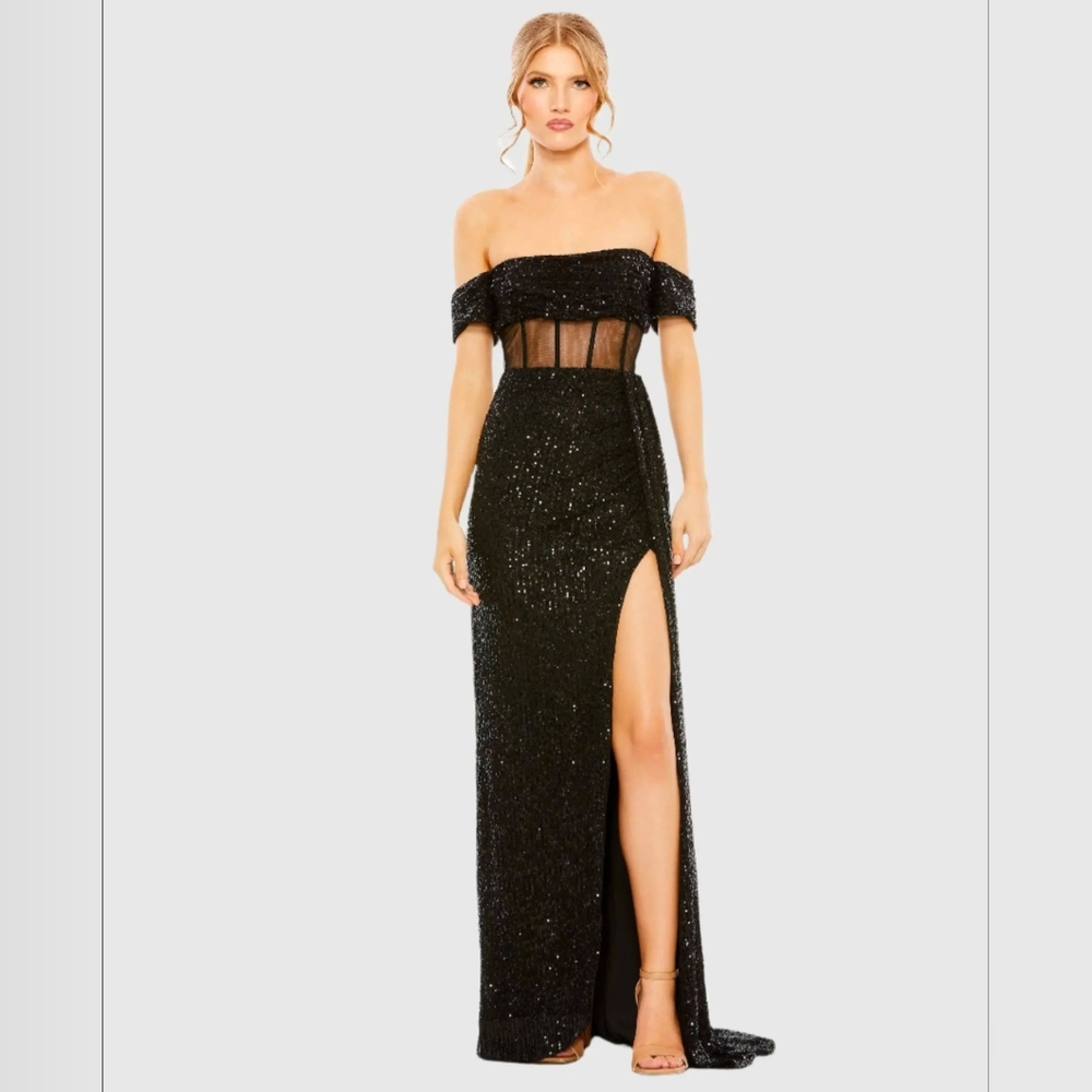 Mac Duggal Black Sequin Off-Shoulder Dress